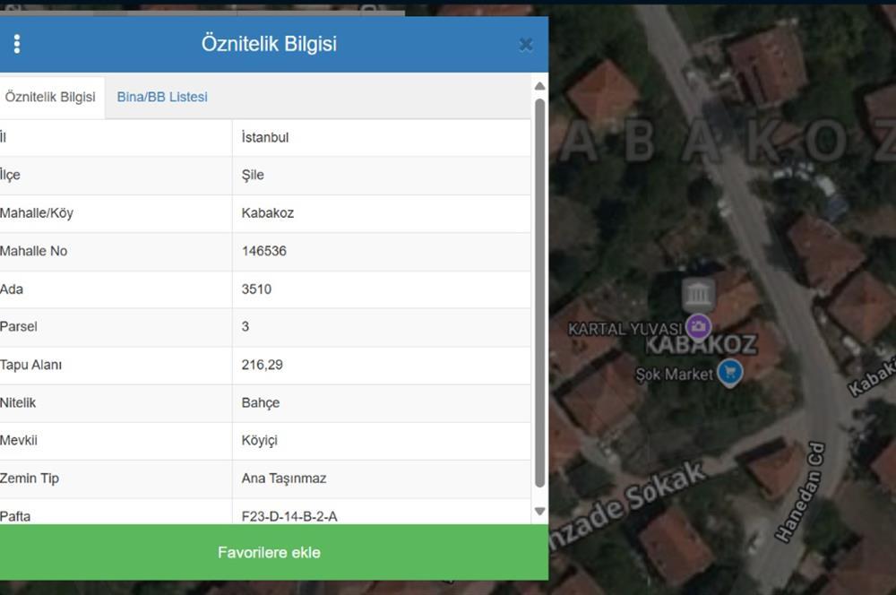 Şile Kabakoz'da Köyün merkezinde acil satılık 216m2 Bahçe